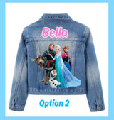 Frozen Princess Custom Denim Jacket Elsa, Anna and Olaf.