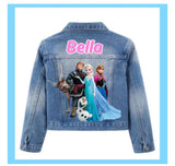 Frozen Princess Custom Denim Jacket Elsa, Anna and Olaf.