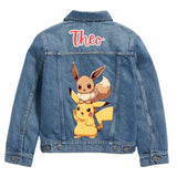 Custom Eve and Pikachu  Denim Jacket for Kids Personalized Name Jean Jacket, Pokémon Birthday Gift.