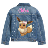 Custom Eve and Pikachu  Denim Jacket for Kids Personalized Name Jean Jacket, Pokémon Birthday Gift.